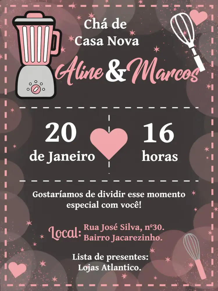 Convite Chá De Casa Nova Espátula – tema Chá de Panela rosa, cinza, preto, chalkboard, coração, elementos de cozinha