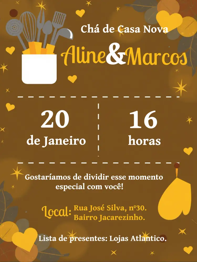 Convite Chá De Casa Nova Fouet – tema Chá de Panela amarelo e preto, estilo chalkboard, elementos de cozinha, design moderno, toques românticos, visual minimalista