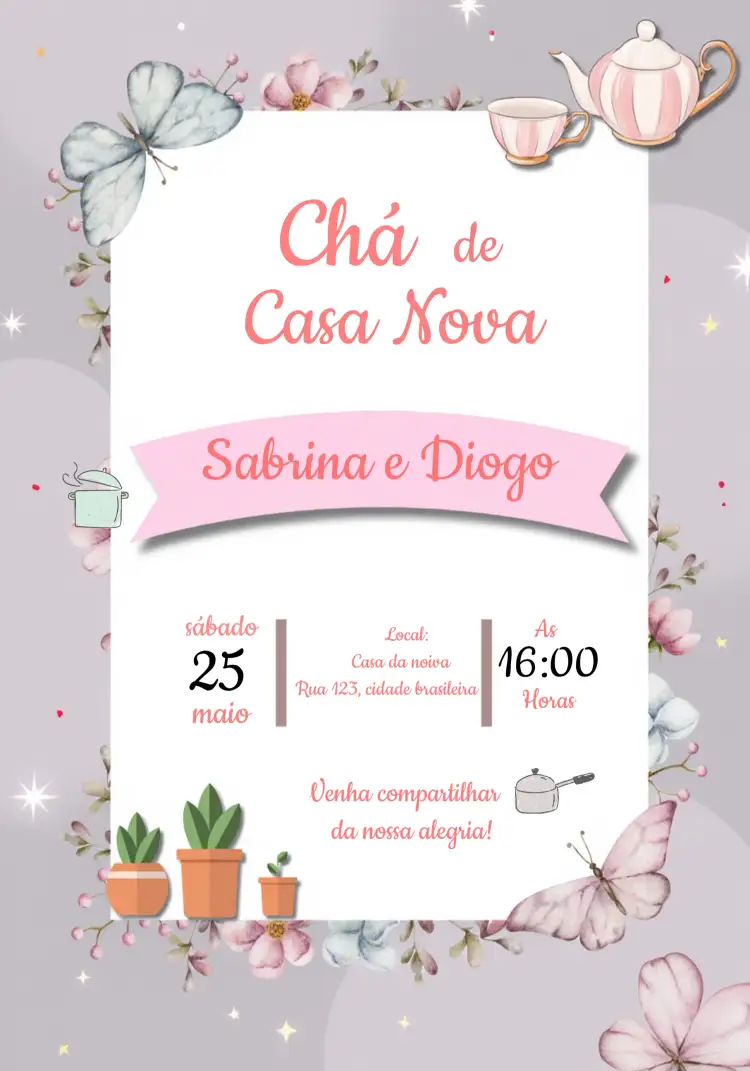Convite Chá De Casa Nova Panela – tema Chá de Panela delicado, romântico, floral, moderno, suave, elegante