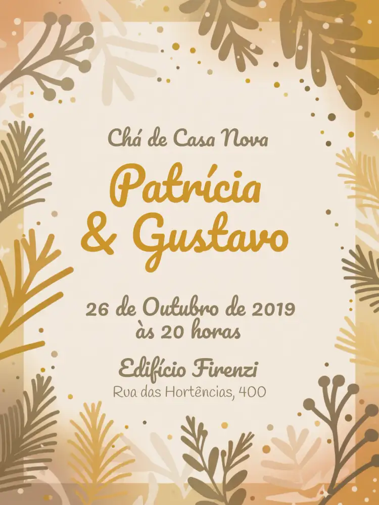 Convite Chá De Casa Nova Panela – tema Chá de Panela dourado, branco, floral, moderno, elegante, minimalista