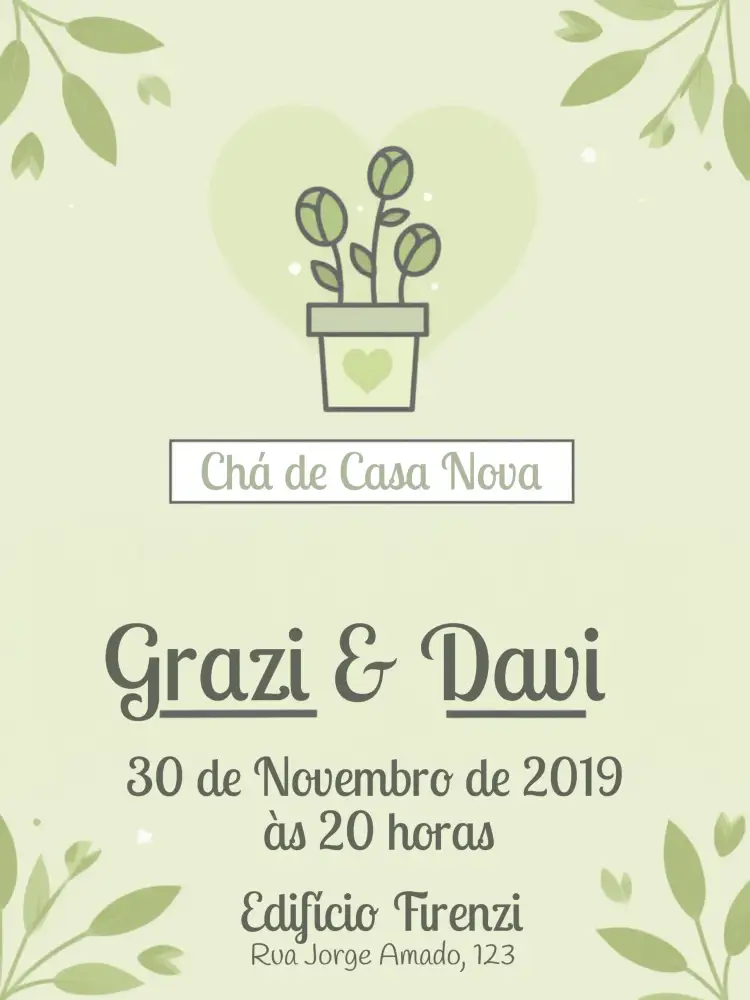 Convite Chá De Casa Nova Panela – tema Chá de Panela verde claro, minimalista, moderno, natural, floral, elegante