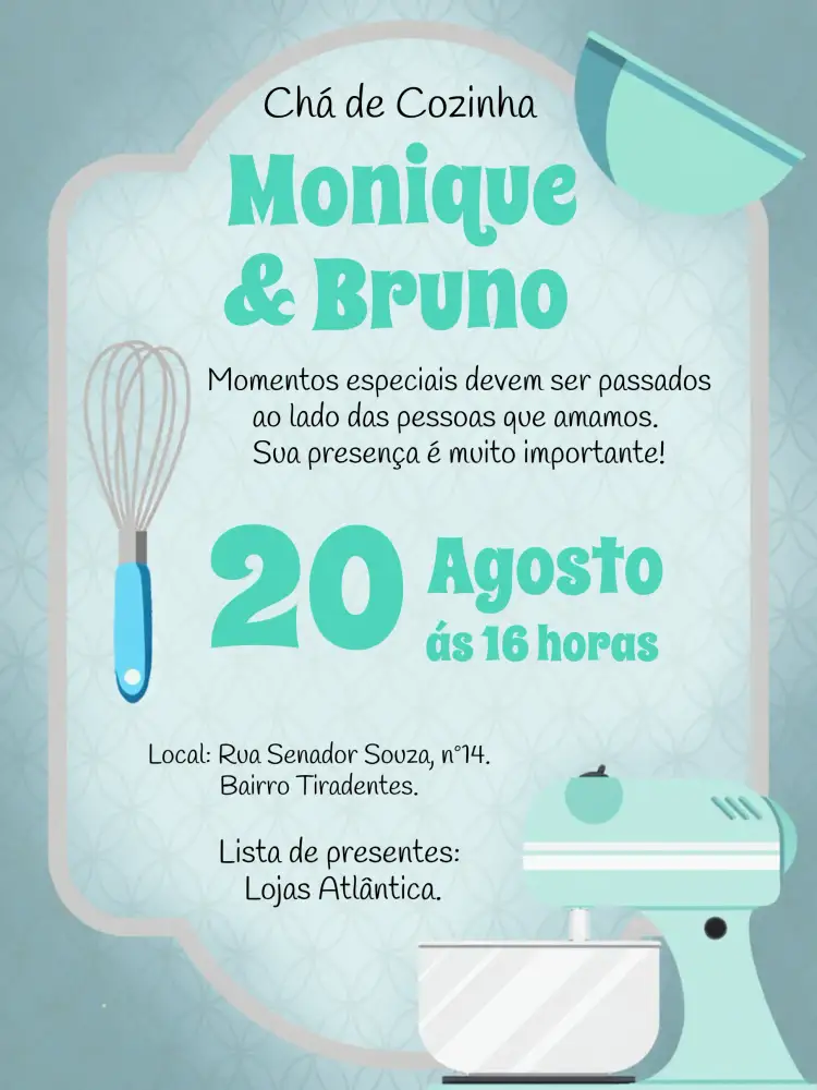 Convite Chá De Cozinha Delicado – tema Chá de Panela delicado, minimalista, moderno, cozinha, azul e branco, elegante
