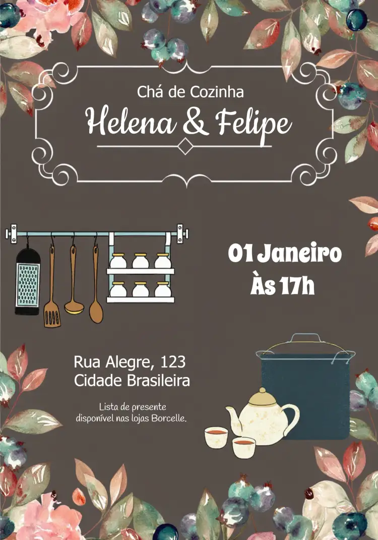 Convite Chá De Cozinha Floral Adulto – tema Aniversário floral, elegante, moderno, suave, delicado