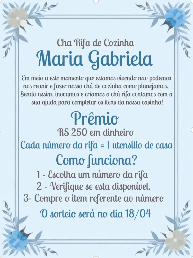Convite Chá De Cozinha Floral Cha – tema Chá Revelação floral, azul tiffany, cinza, modernidade, alegria, elegância