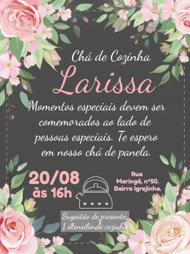 Convite Chá De Cozinha Floral Cinza – tema Chá de Panela floral, moderno, cinza, rosa, lousa, minimalista