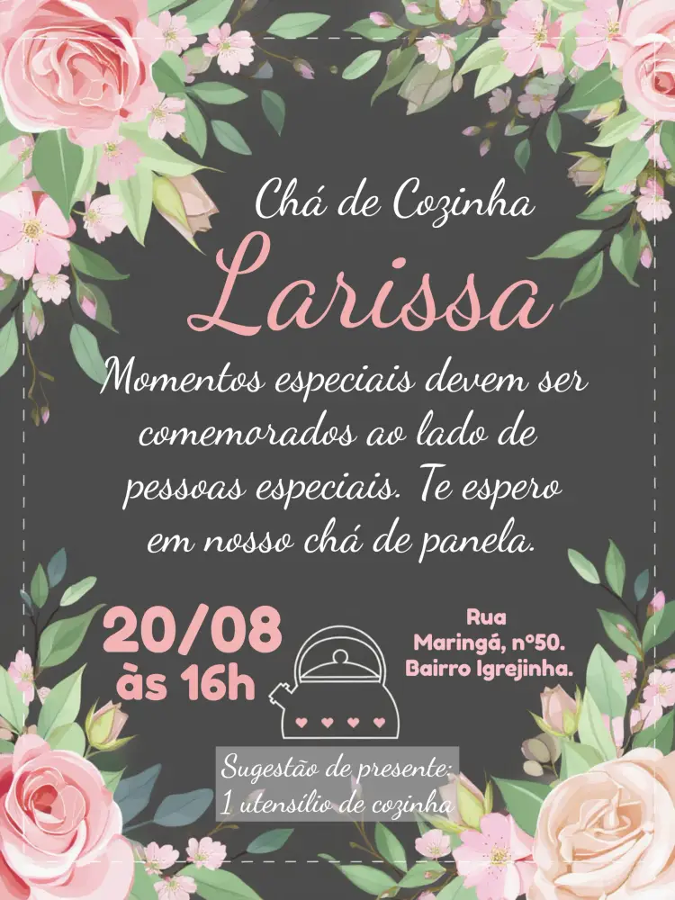 Convite Chá De Cozinha Floral Cinza