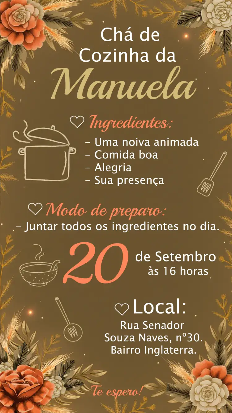 Convite Chá De Cozinha Floral Laranja – tema Chá de Panela floral, rústico, colorido, dourado, vintage, moderno