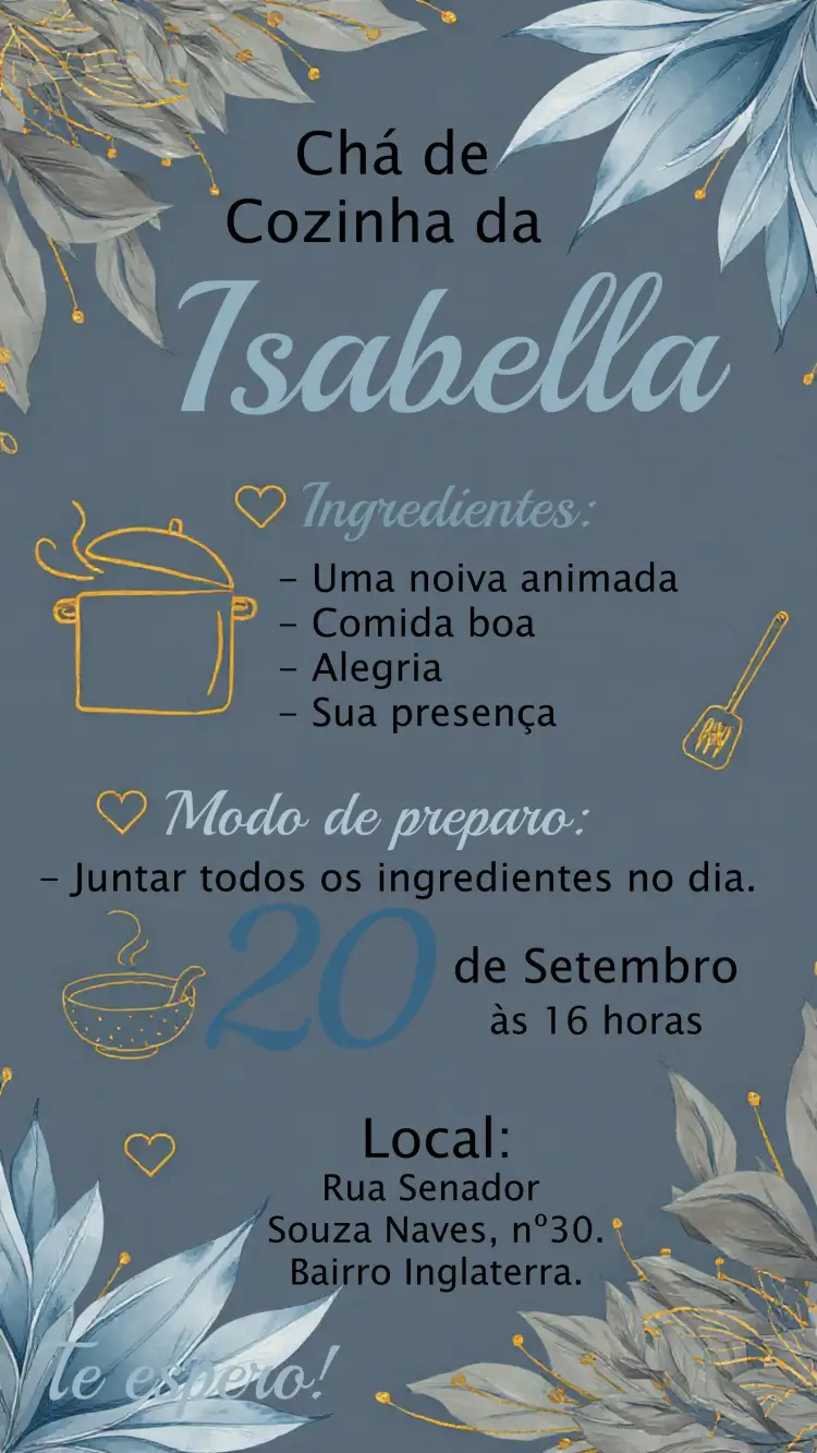 Convite Chá De Cozinha Floral Noivos – tema Chá de Panela floral, rústico, delicado, moderno, dourado, azul