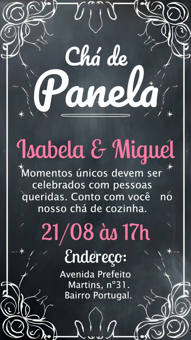Convite Chá De Cozinha Panela Chalkboard Preto – tema Chá de Panela chalkboard, moderno, elegante, minimalista, colorido, descontraído