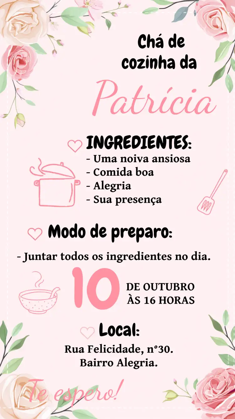 Convite Chá De Cozinha Panela Floral Rosa – tema Chá de Panela floral, rosa, moderno, divertido, aconchegante, elegante