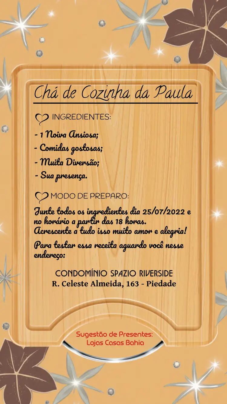 Convite Chá De Cozinha Tábua – tema Chá de Panela culinário, rústico, vintage, moderninho, colorido, aconchegante