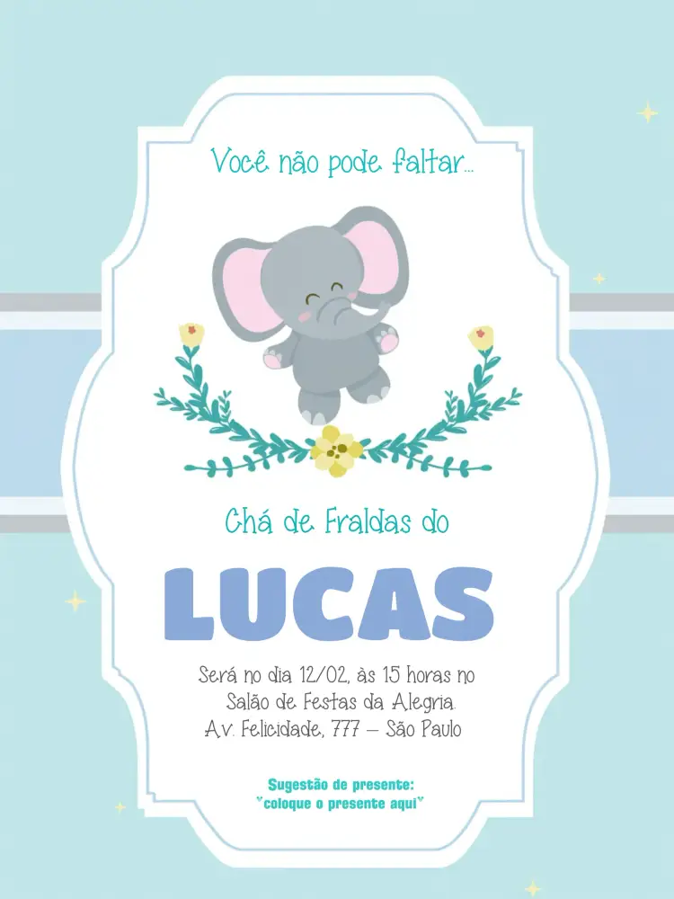 Convite Chá De Fralda Elefante Azul Neném – tema Mais pesquisados elefante, azul, infantil, lúdico, fofo, divertido