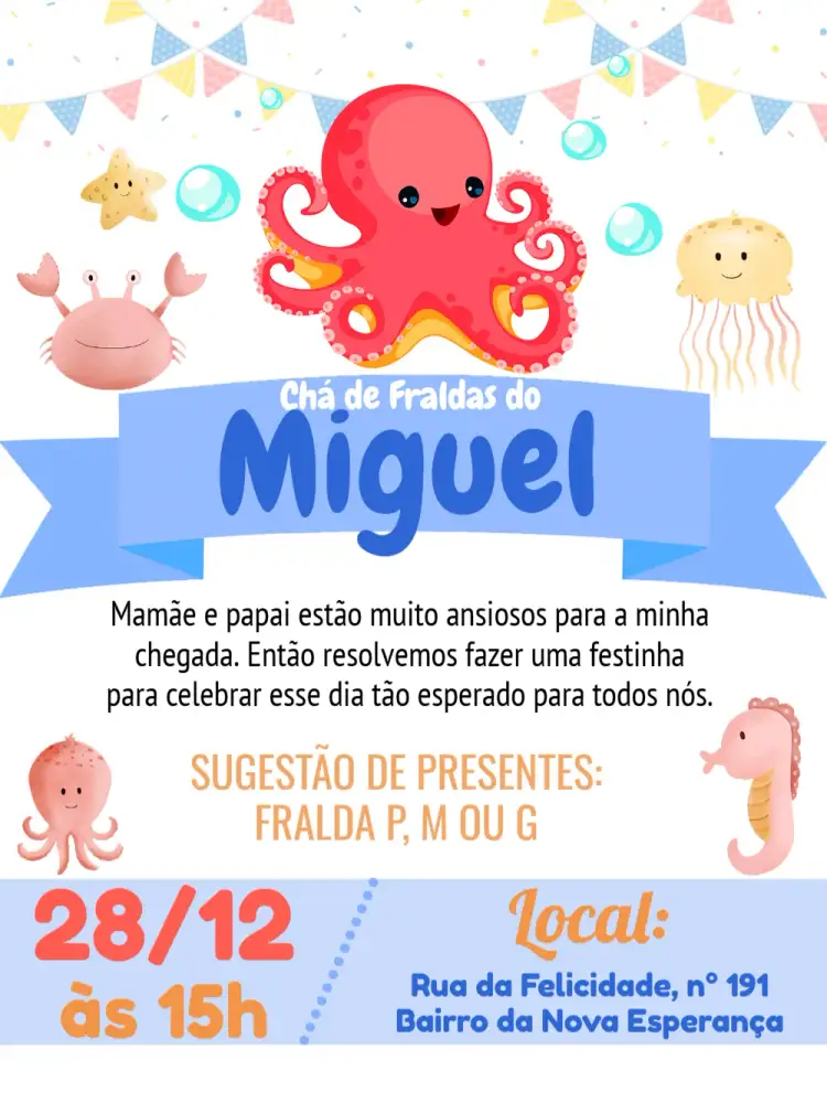 Convite Chá De Fralda Fundo Do Mar Bebê – tema Aniversário Infantil fundo do mar, colorido, lúdico, marinho, divertido, temático