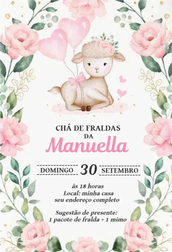 Convite Chá de fralda ovelha menina – tema Chá de Fraldas aquarela, rosa, floral, delicado, infantil, carinhoso