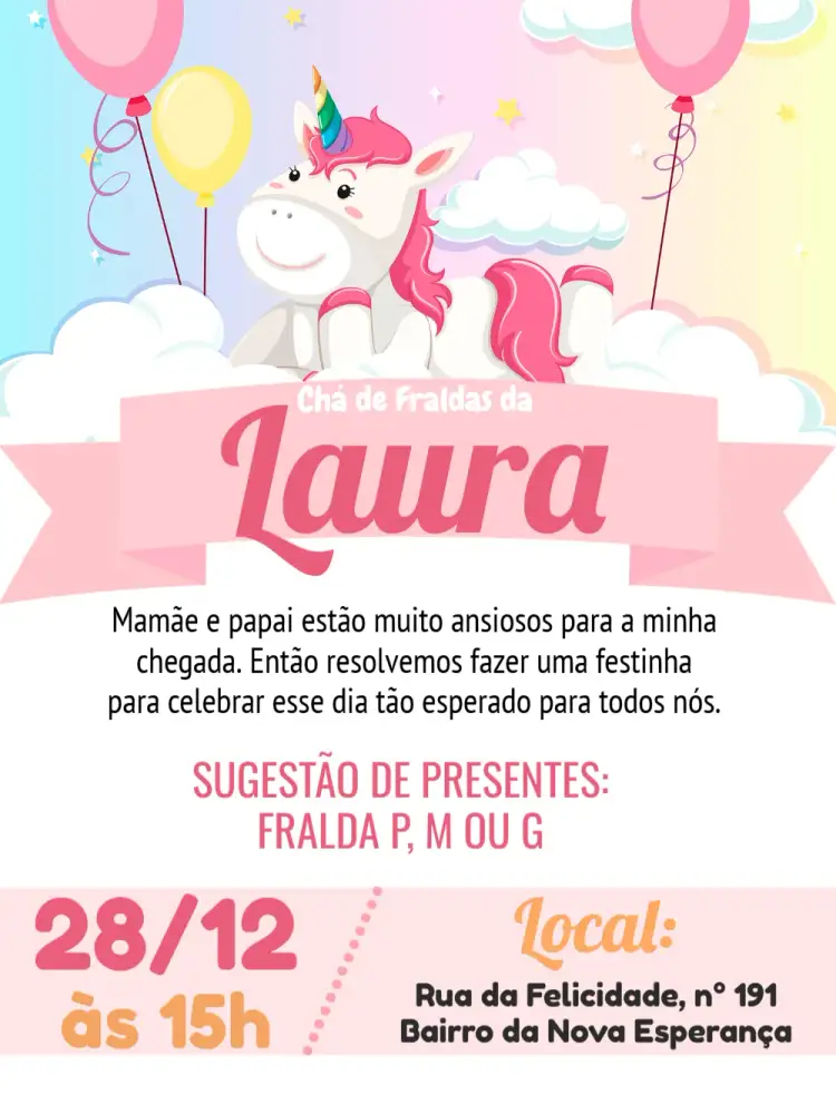 Convite Chá De Fralda Unicórnio Balão – tema Chá de Panela colorido, lúdico, fantasia, moderno, divertido, temático