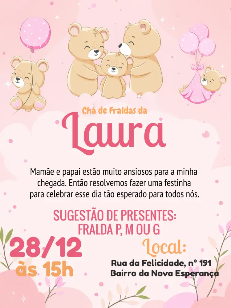 Convite Chá De Fralda Ursinha Baloeira Rosa
