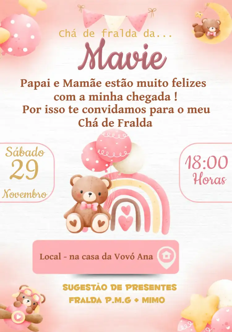 Convite Chá De Fralda Ursinha Chupeta – tema Chá de Fraldas aquarela, fofo, colorido, infantil, delicado, alegre