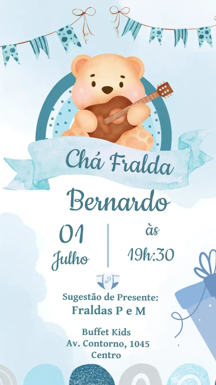 Convite Chá De Fralda Ursinho Azul