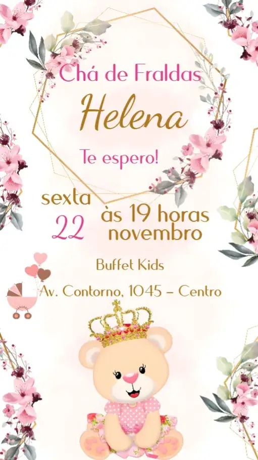 Convite Chá de Fraldas – tema Chá de Fraldas rosa, dourado, princesa, ursinha, lúdico, divertido