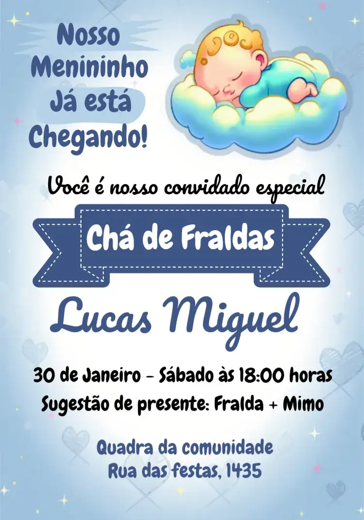 Convite Chá De Fraldas Anjinho Baby – tema Chá de Fraldas bebê, nuvens, estrelas