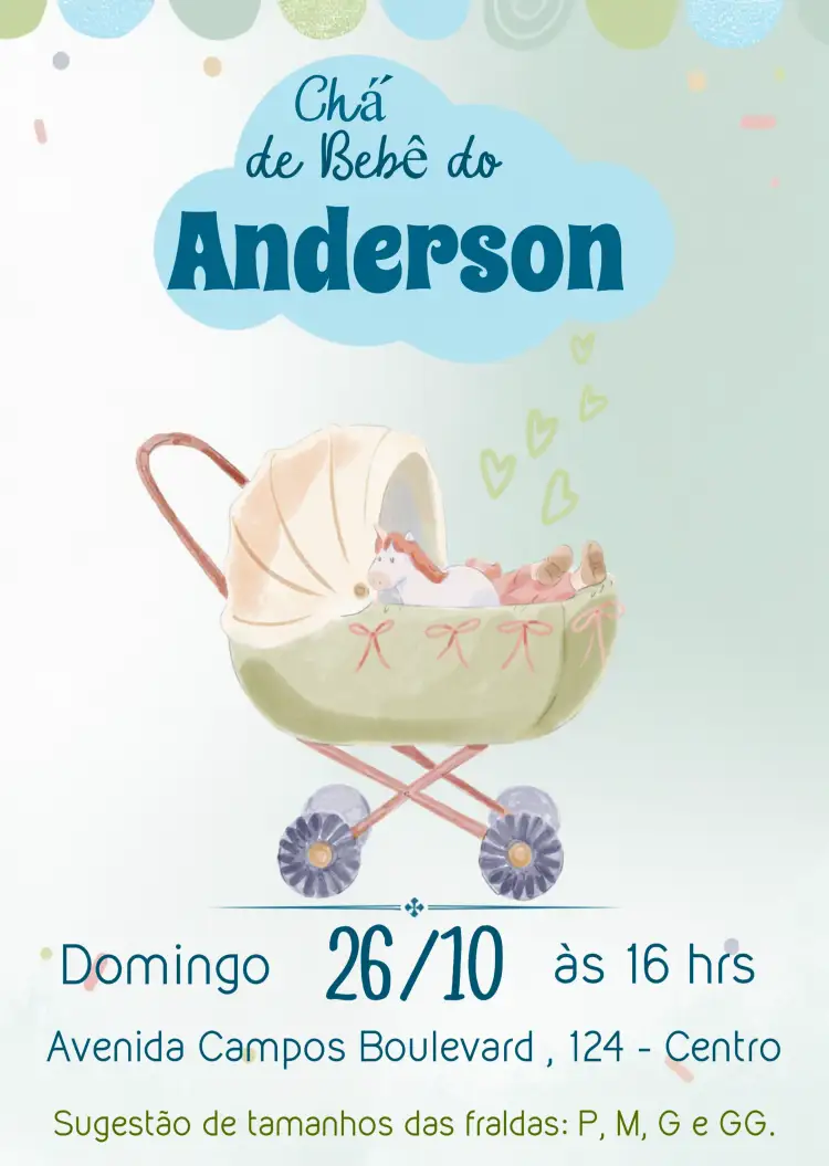 Convite Chá De Fraldas Aquarela Azul – tema Chá de Fraldas aquarela, azul, verde, infantil, delicado, moderno
