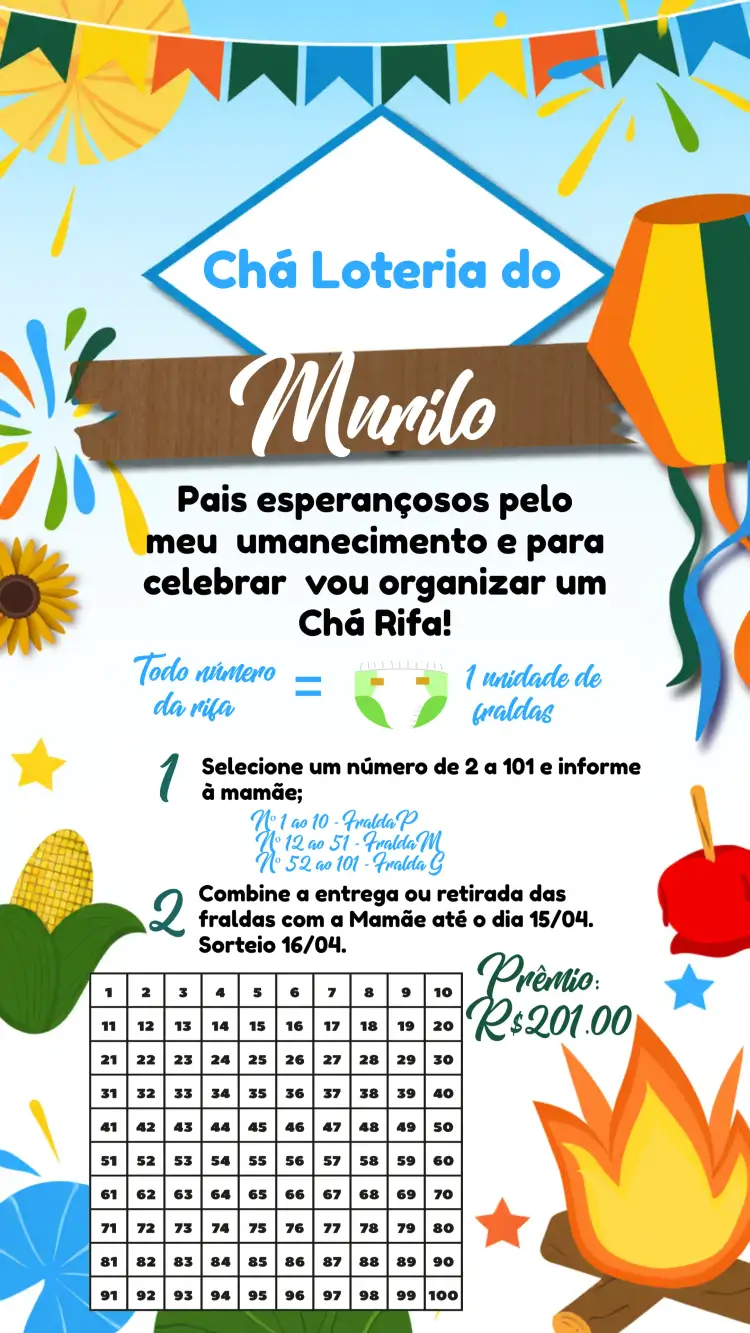 Convite Chá De Fraldas Arraiá Festa Junina Bandeirinhas – tema Chá de Fraldas colorido, junino, vintage, festivo, ilustrativo, floral