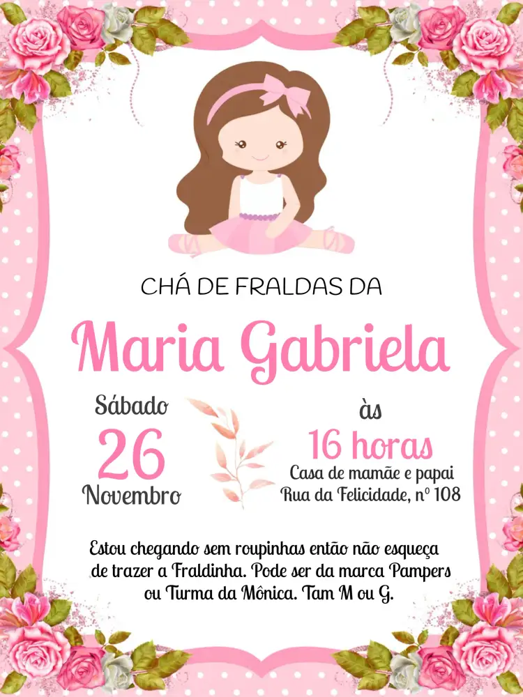 Convite Chá De Fraldas Bailarina Rosa – tema Chá de Fraldas rosa, branco, verde, aquarela, floral, delicado