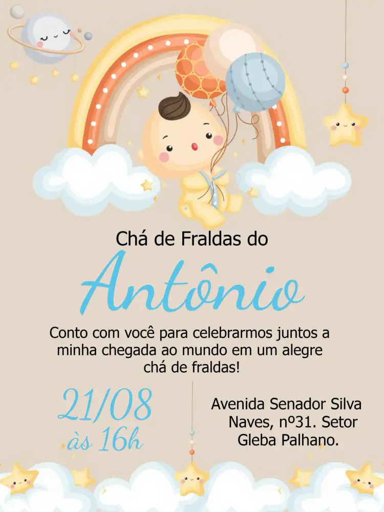Convite Chá De Fraldas Bebê Arco Íris Menino – tema Chá de Fraldas arco íris, azul e branco, nuvens e estrelas, balões coloridos, estilo neutro