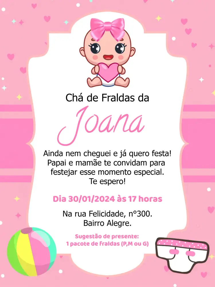 Convite Chá De Fraldas Bebê Menina Coroa – tema Chá de Fraldas rosa, coroa, corações, princesa, infantil, delicado