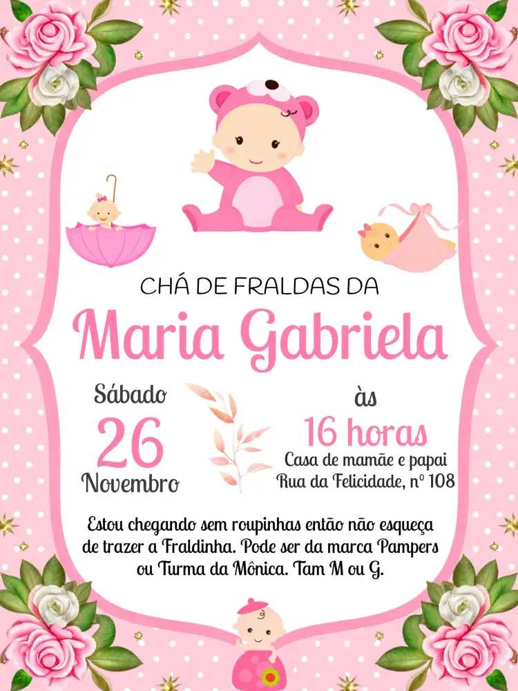 Convite Chá De Fraldas Bebê Rosa – tema Chá de Fraldas floral, aquarela, delicado, menina, moderno