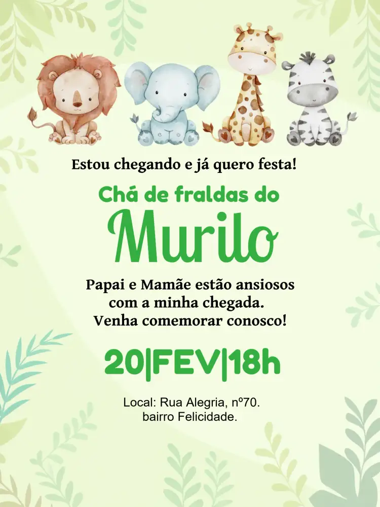 Convite Chá De Fraldas Bebê Safari Floresta – tema Chá de Fraldas safari, animais, verde, floresta, divertido, colorido