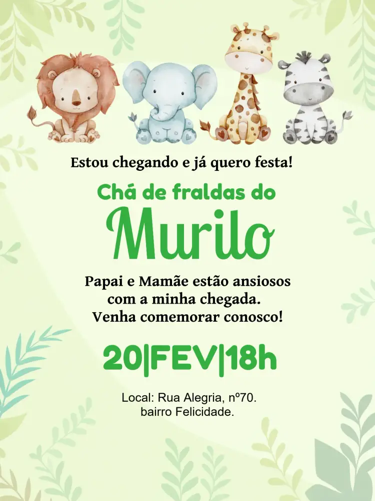 Convite Chá De Fraldas Bebê Safari Floresta
