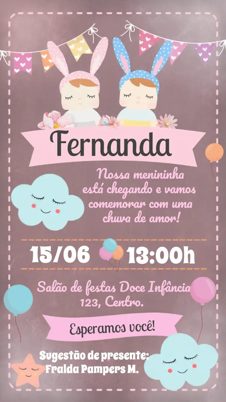 Convite Chá De Fraldas Boneca Metoo Rosa – tema Chá de Fraldas rosa, delicado, infantil, divertido, feminino, colorido