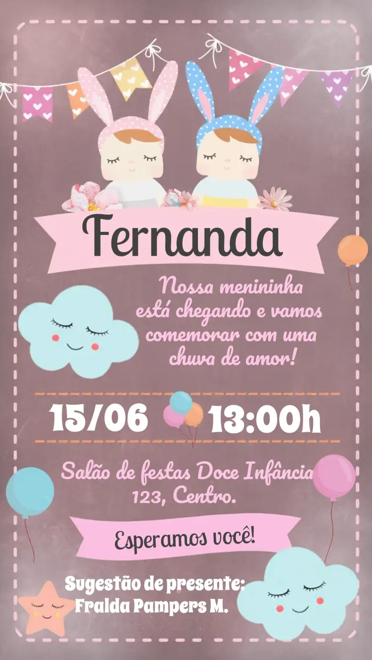 Convite Chá De Fraldas Boneca Metoo Rosa