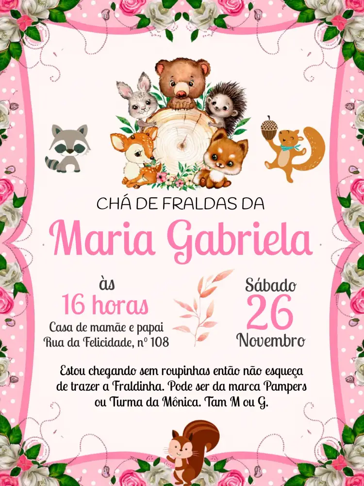Convite Chá De Fraldas Bosque Encantado Animais – tema Chá de Fraldas aquarela, animais do bosque, tons pastel, design leve, estilo infantil, festa mágica