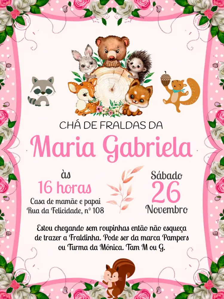 Convite Chá De Fraldas Bosque Encantado Animais