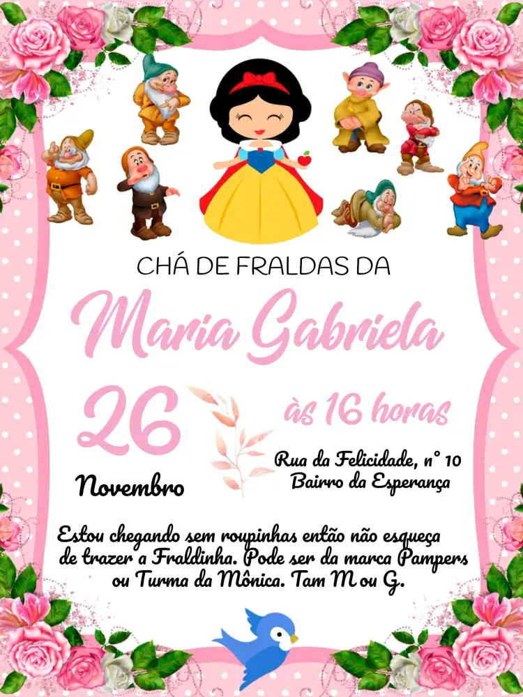 Convite Chá De Fraldas Branca Neve Lilás – tema Chá de Fraldas floral, aquarela, lilás, romântico, infantil, lúdico