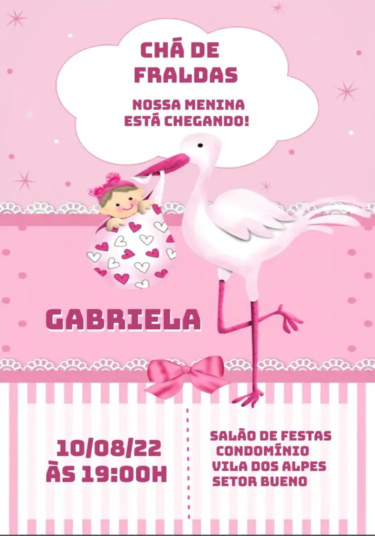 Convite Chá De Fraldas Cegonha Menina Rosa