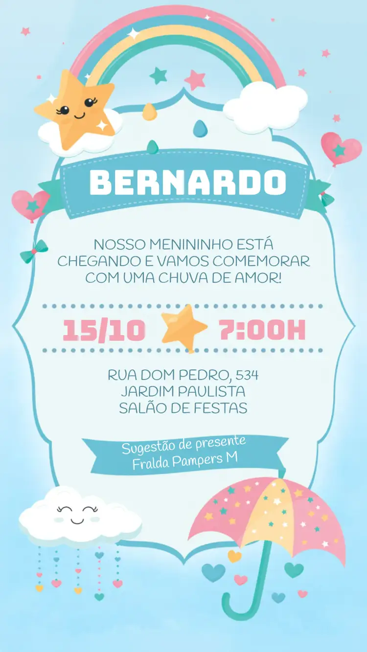 Convite Chá De Fraldas Chuva Amor Benção – tema Chá de Fraldas nuvens, estrelas, cores suaves, estilo lúdico, design infantil, amor e carinho