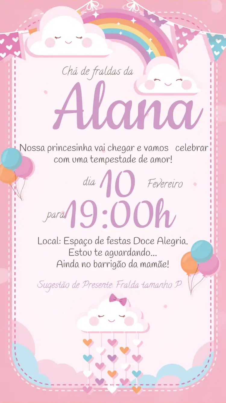 Convite Chá De Fraldas Chuva Amor Bençãos – tema Chá de Fraldas nuvens, tonalidades pastel, ilustrações infantis, design lúdico, elementos gráficos delicados