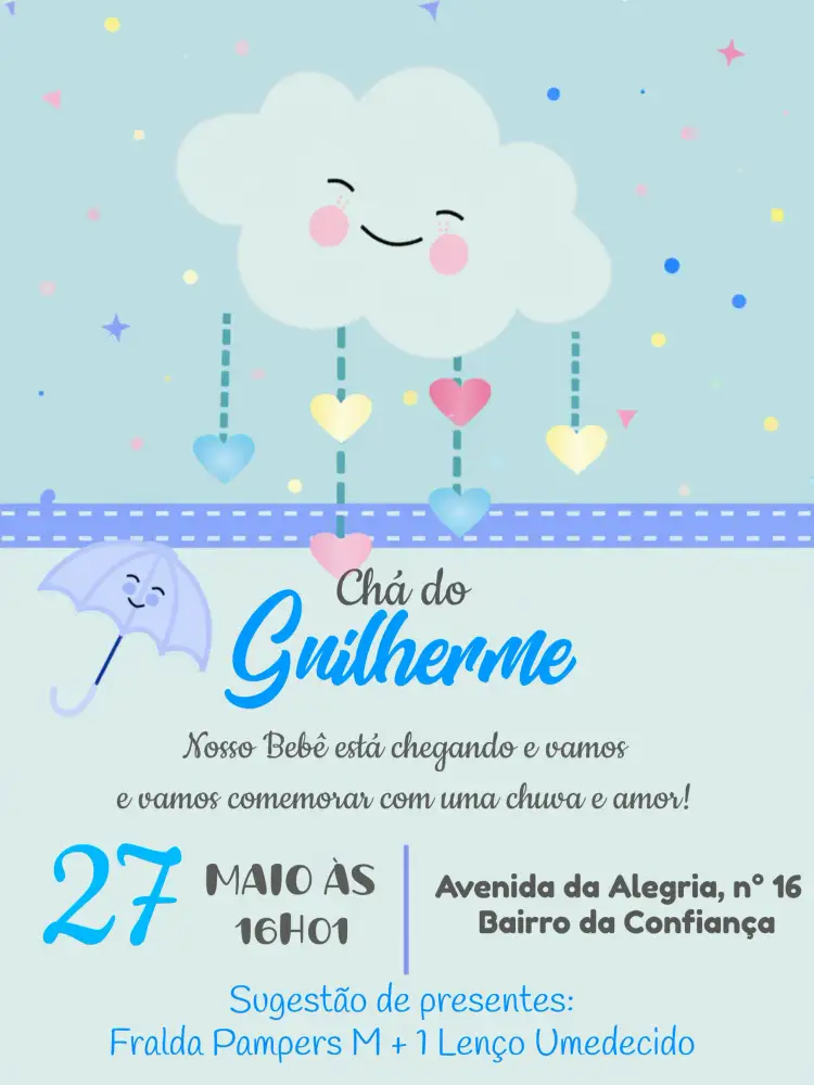 Convite Chá De Fraldas Chuva Amor Listrado – tema Chá de Fraldas azul e cinza, listrado, chuva de amor, moderno, delicado, suave