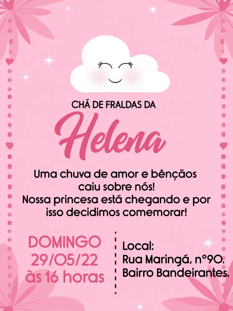 Convite Chá De Fraldas Chuva Amor Rosa – tema Chá de Panela rosa, branco, nuvens, corações, amor, delicado