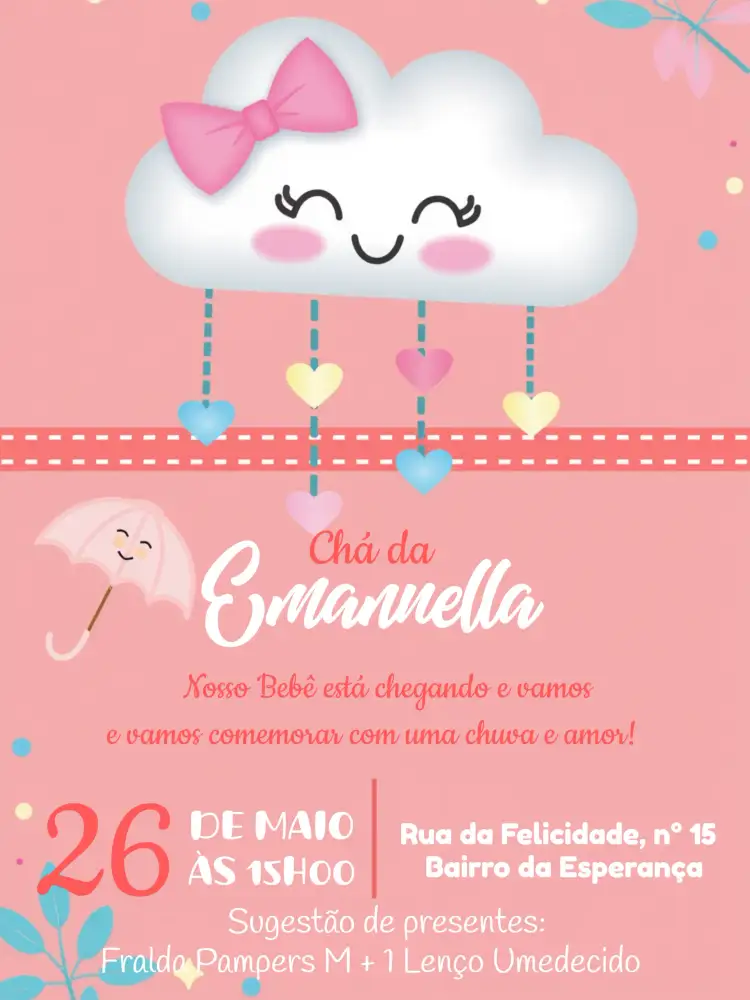 Convite Chá De Fraldas Chuva Amor Rosa – tema Chá de Fraldas rosa, branco, azul, listrado, delicado, charmoso