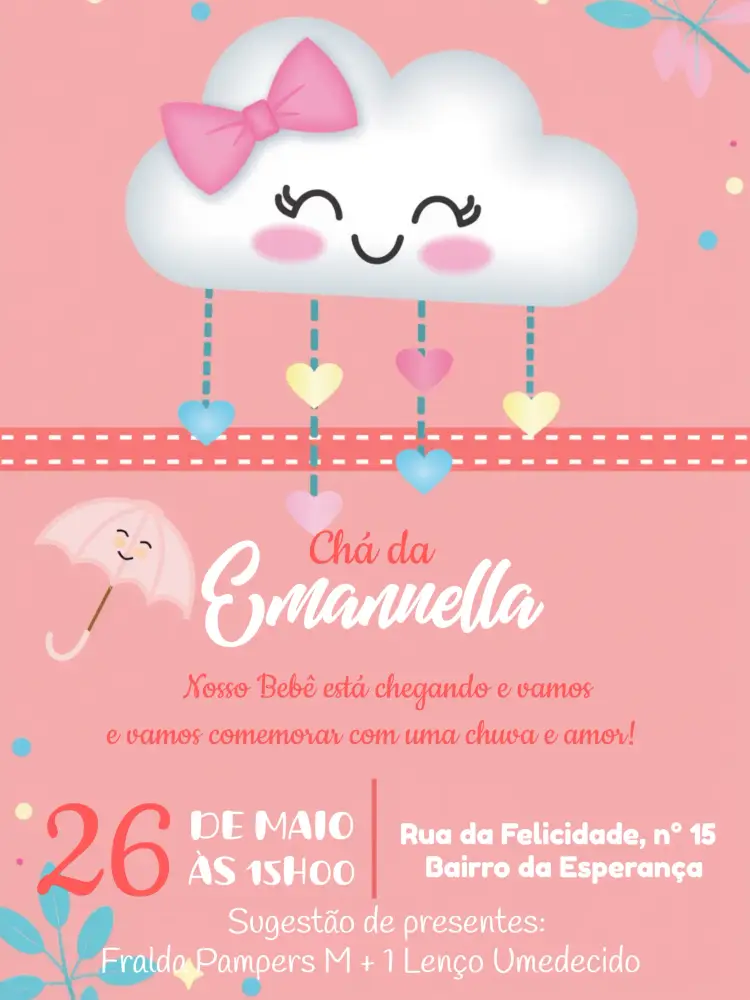 Convite Chá De Fraldas Chuva Amor Rosa