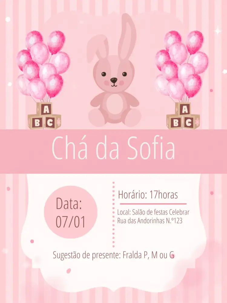 Convite Chá De Fraldas Coelhinha Rosa Balão – tema Chá de Fraldas coelhinha, rosa, balões coloridos, listras, divertido, infantil