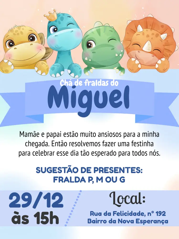 Convite Chá De Fraldas Dinossauro Baby Azul