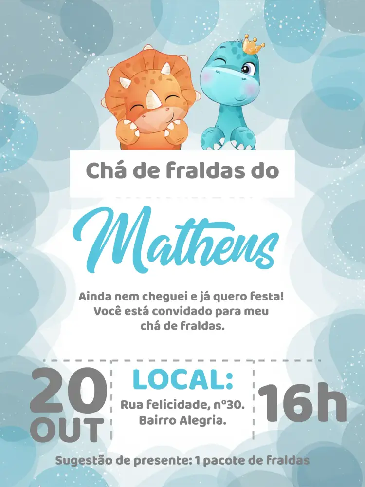 Convite Chá De Fraldas Dinossauro Menino