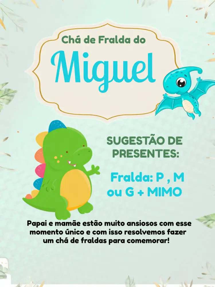 Convite Chá De Fraldas Dinossauro Presentes – tema Chá de Fraldas dinossauros, aquarela, azul e verde, lúdico, divertido, infantil