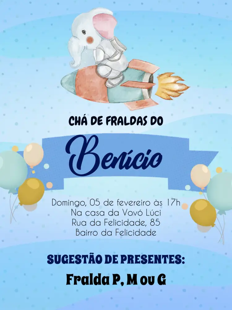 Convite Chá De Fraldas Elefante Azul – tema Chá de Fraldas colorido, infantil, brincalhão, alegre, moderno, cute