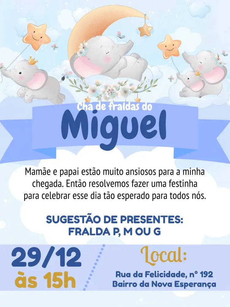 Convite Chá De Fraldas Elefante Baby Laranja – tema Chá de Fraldas colorido, infantil, ilustrações fofas, moderno, divertido, celebração